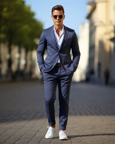 blue suit with white sneakers